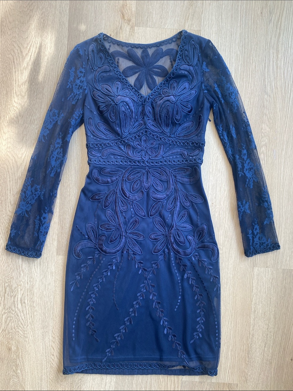 Sue Wong Nocturne Navy Blue Embroidered Mesh Cocktail Dress Sheer Sleeve Size 0
